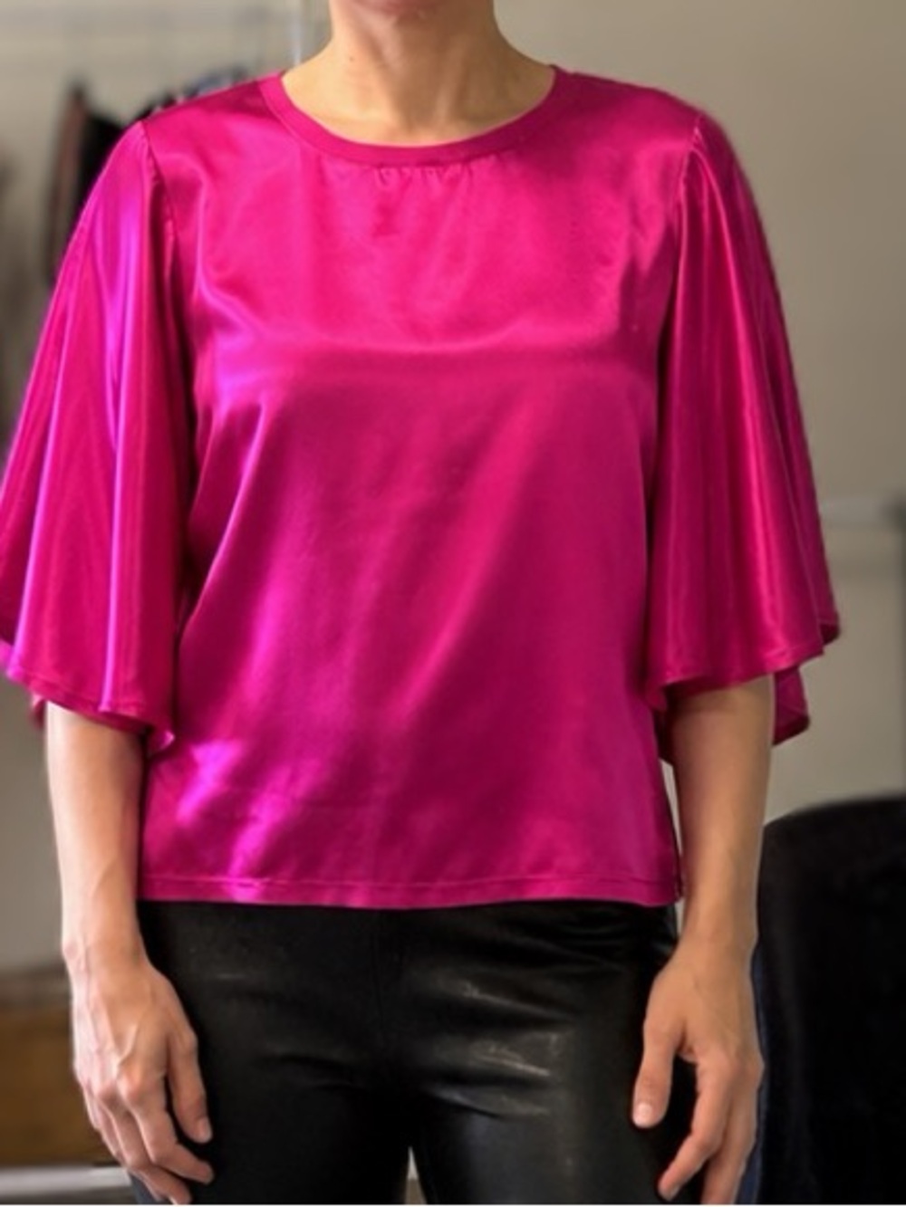 Fuchsia Satin Puff Sleeve Top Nation LTD Size M